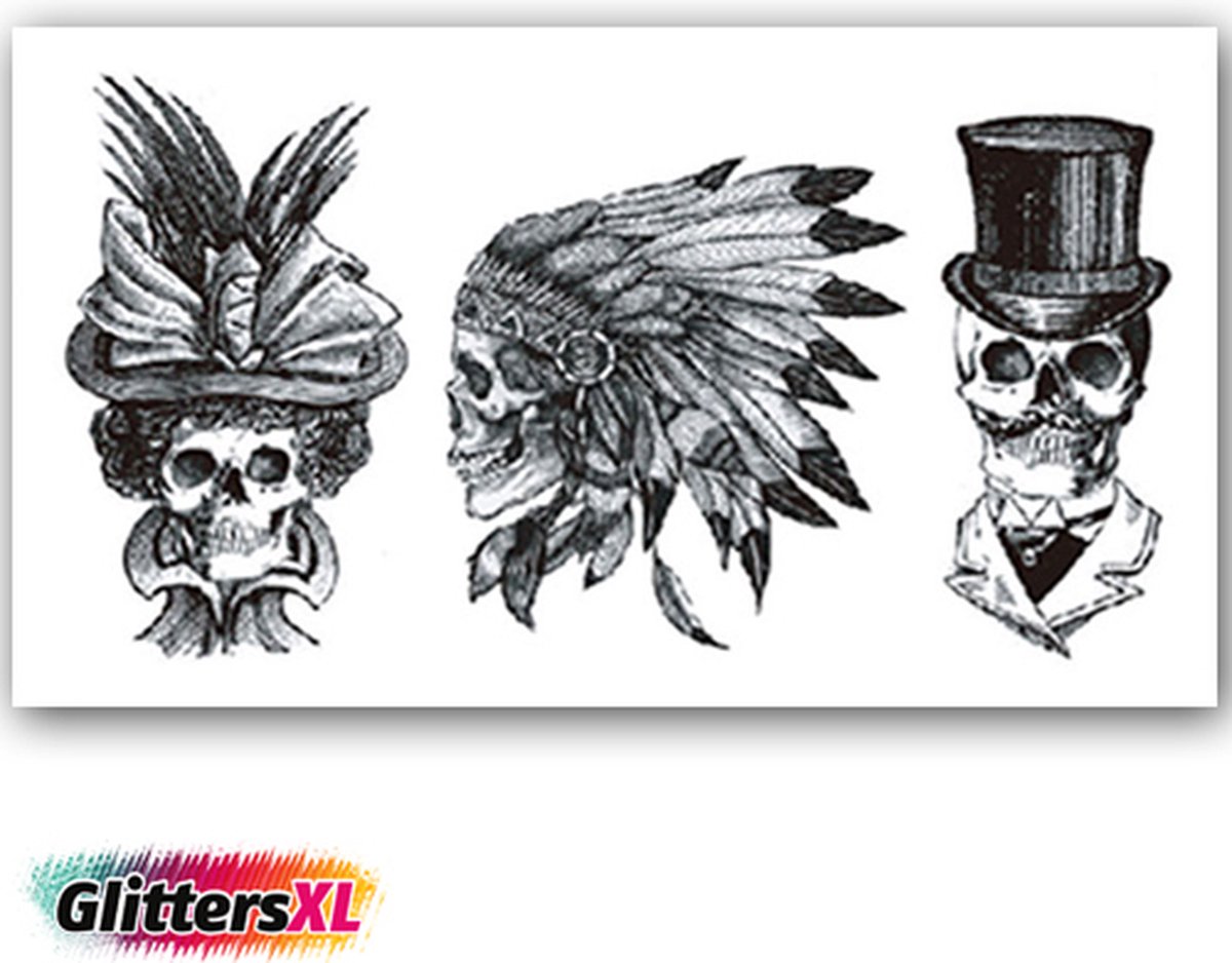 GlittersXL - Temporary Tattoo Doodshoofd/Doodskop (11x6cm) [Neptattoo - Tijdelijke tatoeage - Nep Fake Tattoos - Water overdraagbare festival sticker henna outfit tattoo - Glitter tattoo - Volwassenen Kinderen Jongen Meisje]